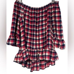 Jane & Delancey pink Plaid Off the Shoulder Soft Flowy Ruffle 3/4 Sleeve Top XS